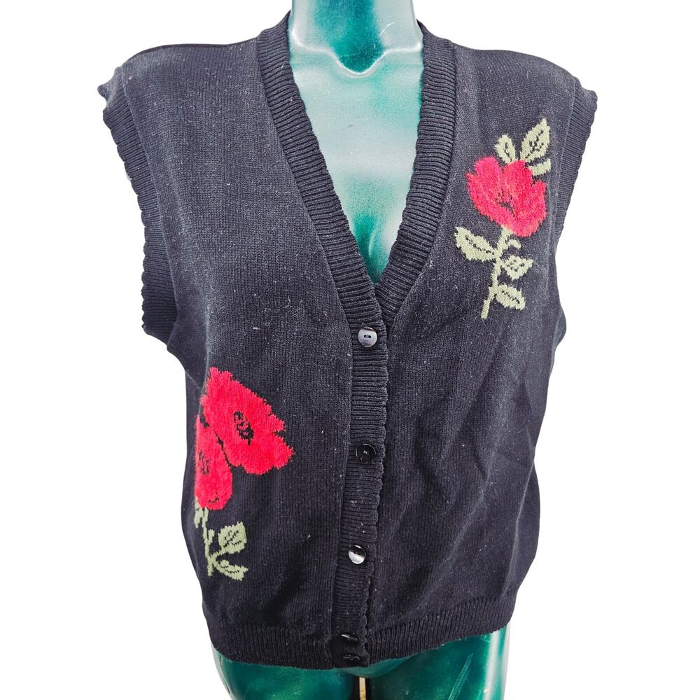 Vintage Black Red Rose Floral Knit Granny Sweater Vest M Cottagecore Romantic